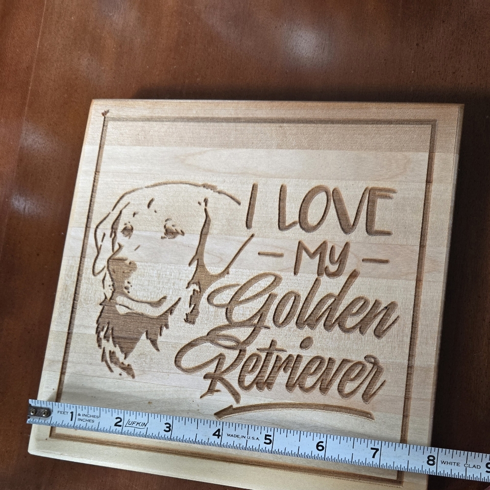 Golden retriever wooden cutting board with juice rim. Never used, display only.